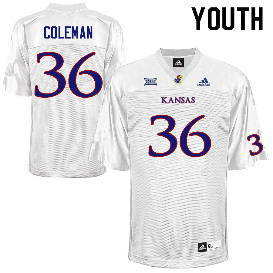 Youth #36 Bryce Coleman Kansas Jayhawks College Football Jerseys Sale-White - Click Image to Close